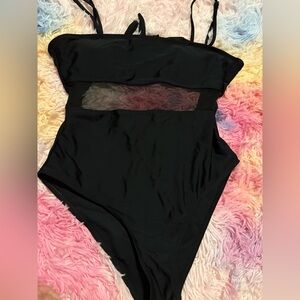 Black One-Piece Swimsuit with Mesh Detail